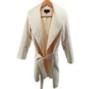 Ann Taylor Cream Belted Collarless Drape Front Trench Coat Jacket Women's M